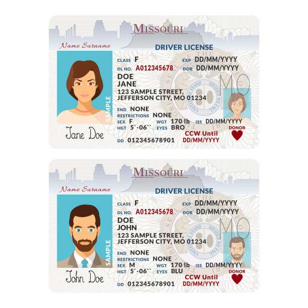 美国密苏里州玩具驾照塑料卡矢量模板图片下载