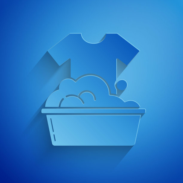 剪纸塑料盆与肥皂泡沫图标孤立在蓝色背景。碗水。洗衣服，清洁设备。纸艺术风格。矢量图图片下载