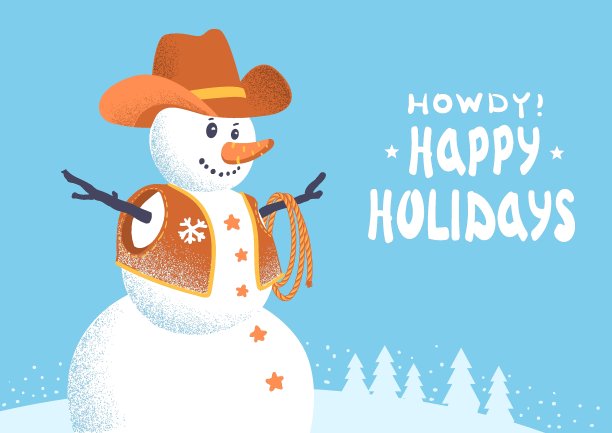 穿着西部牛仔衣服的雪人。向量与文本圣诞贺卡图片下载