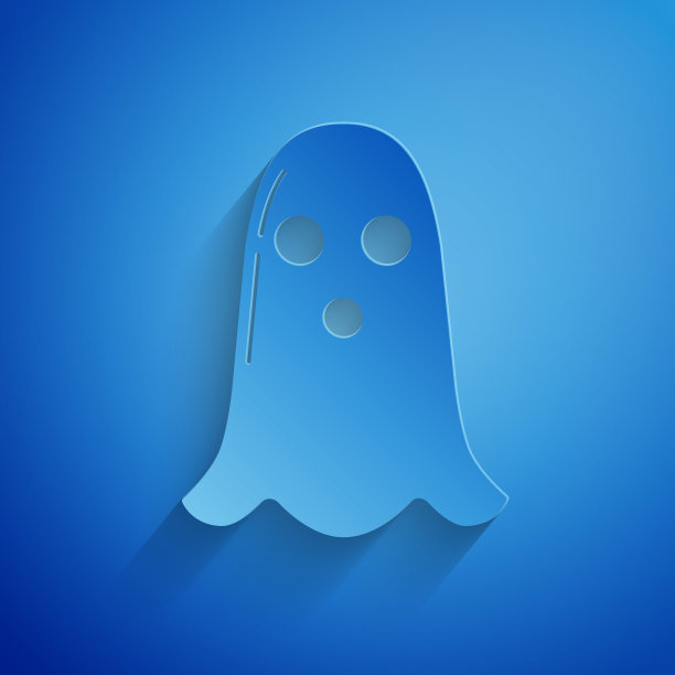 剪纸鬼图标孤立在蓝色背景。快乐的万圣节派对。纸艺术风格。矢量图图片下载