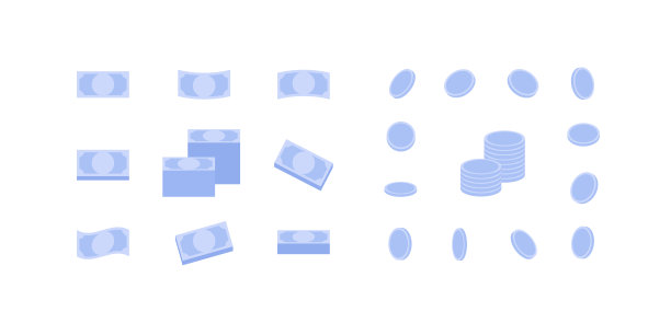 抽象纸和硬币货币平面插图设置。蓝颜色的钱。图片下载