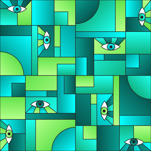 创意图案与眼睛在几何形状网格蒙德里安前卫时尚纺织印花。图片下载