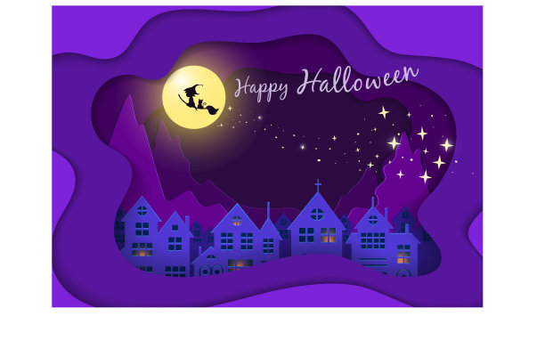 女巫飞过大月亮和城镇的短信万圣节快乐图片下载