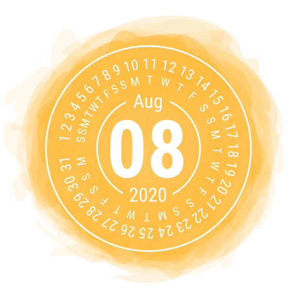 2020年8月。向量英语сalendar。水彩儿童素描涂鸦风格。彩色手绘框架。圆的日历。烟雾缭绕的圆图片下载