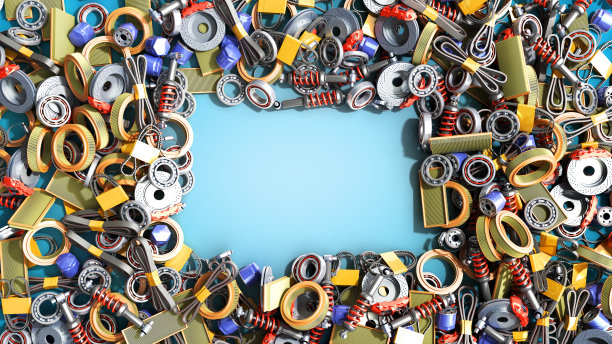 汽车零件躺在地板上作为背景3d渲染在蓝色梯度图片下载