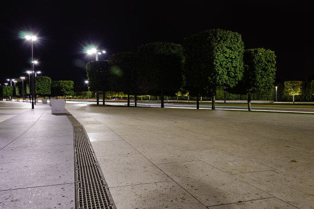 夜晚，路边的树被照亮成方形。在克拉斯诺达尔公园。图片下载