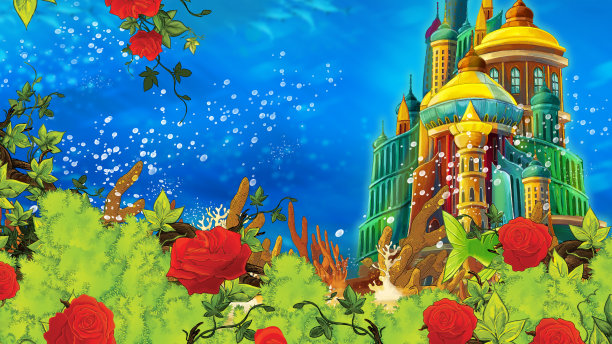 卡通海底或海洋场景与城堡图片下载