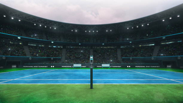 蓝绿色网球场白天与球迷，裁判侧视图片下载