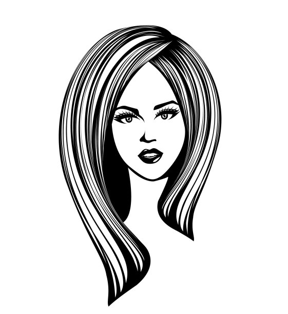 美容美发沙龙的标志。美丽的女人，长发，优雅的妆容。前视图的肖像。图片下载