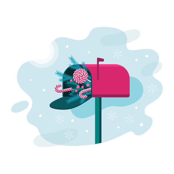 圣诞邮箱用漩涡棒棒糖、糖果、松树树枝、冬青浆果和树叶在浅蓝色抽象形状的背景上加上雪花、雪花。冬季假期矢量插图。图片下载