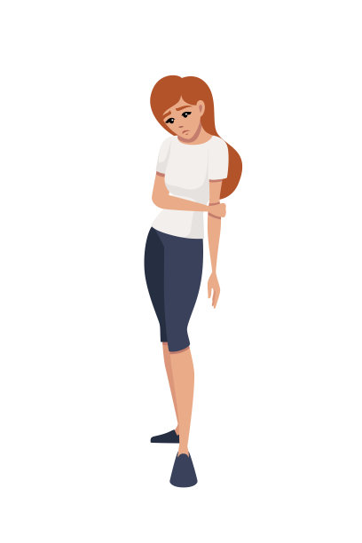 悲伤的红发女孩弯下腰卡通人物设计平面矢量插图孤立在白色的背景图片下载