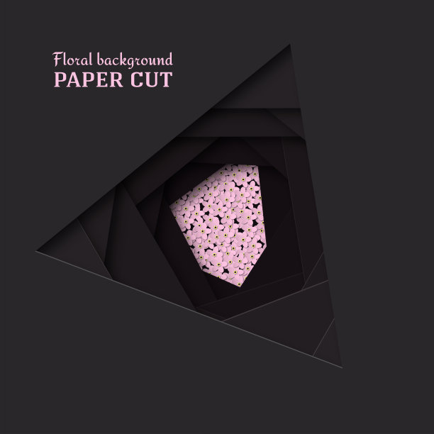 剪纸抽象背景。娇嫩的粉红色小花勿忘我。黑色的花图案。设计流畅的线条和形状与文本空间。海报、横幅、手册。向量图片下载