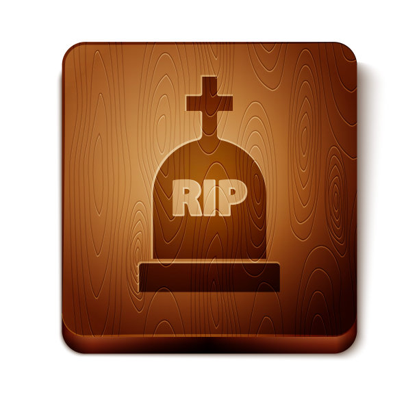 棕色墓碑上写着RIP，图标孤立在白色背景上。严重的图标。木制方形按钮。矢量图图片下载