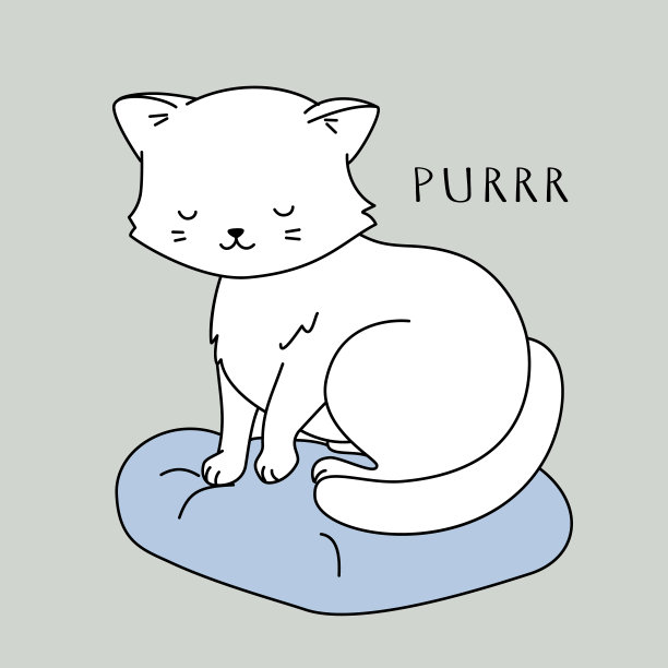 可爱的猫的性格。小白猫正坐在一个蓝色的枕头上。矢量插图。图片下载