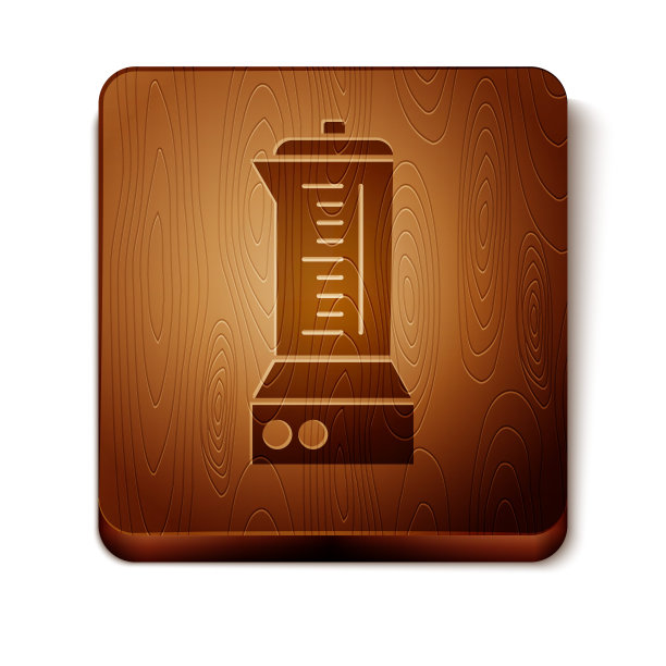 棕色搅拌机图标孤立在白色背景。厨房用电动固定式搅拌机。烹饪冰沙，鸡尾酒或果汁。木制方形按钮。矢量图图片下载