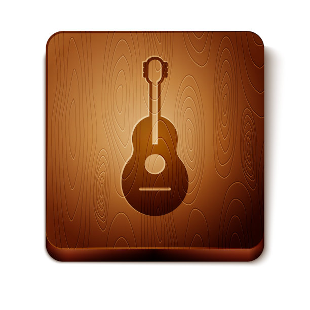 棕色吉他图标孤立在白色背景。木吉他。弦的乐器。木制方形按钮。矢量图图片下载