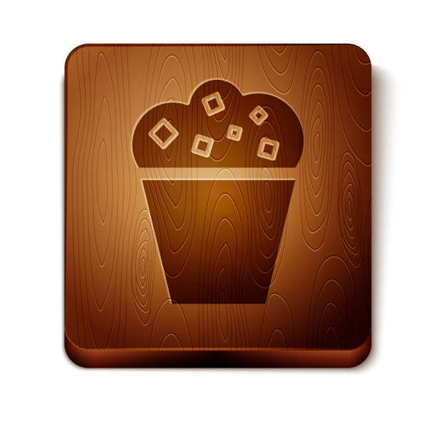 棕色爆米花在纸板箱图标孤立在白色背景。爆米花桶框。木制方形按钮。矢量图图片下载