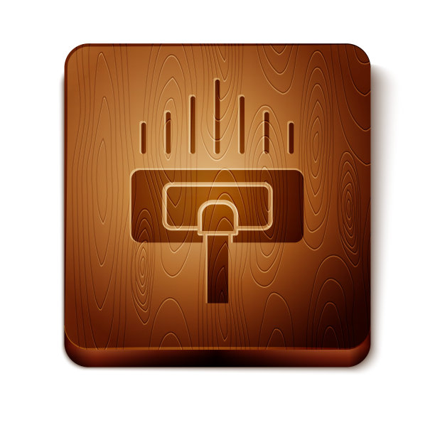 棕色清洁服务图标隔离在白色背景。吸尘器头在圆圈内，地毯清洁标志。木制方形按钮。矢量图图片下载