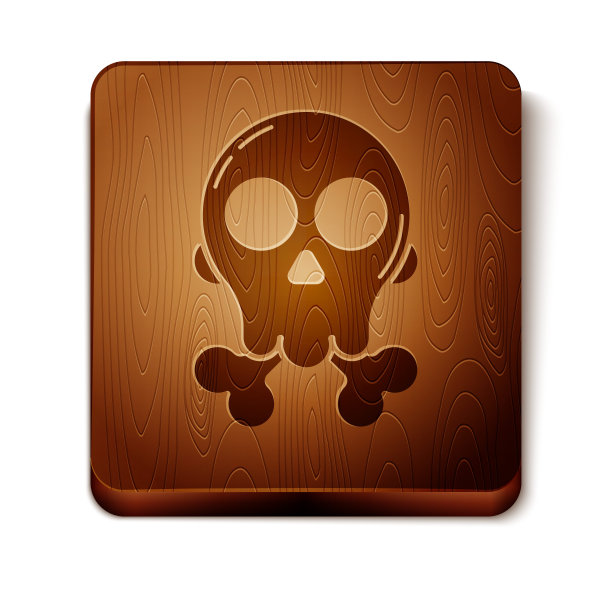 棕色骷髅在交叉骨头图标孤立的白色背景。快乐的万圣节派对。木制方形按钮。矢量图图片下载