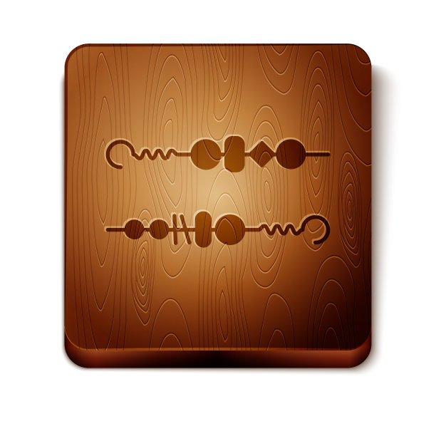 棕色烤羊肉串上串棍图标孤立在白色背景。肉串串在串棍上。野餐和烤肉。木制方形按钮。矢量图图片下载