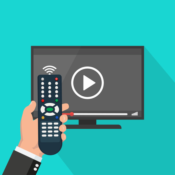 手持无线遥控器近平板电视观看视频电影，卡通人在电视上观看电影显示图片下载