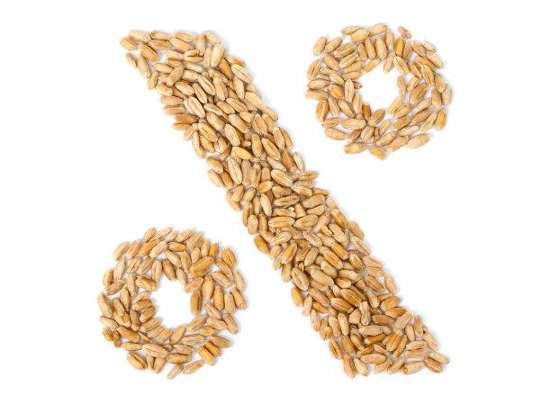 百分之的金钱标志，小麦制成的白色背景。农业就业、价格变化与出口观念图片下载