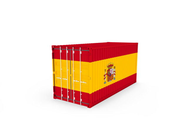 货物集装箱的3D插图与西班牙国旗在白色的背景与阴影。发货、运输、海运货运。图片下载