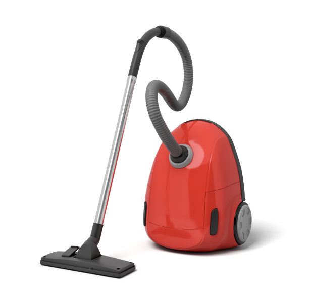 红色电动吸尘器的3d渲染孤立在白色背景上图片下载