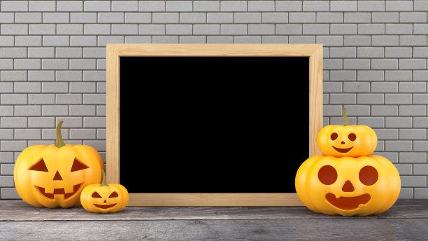 3D渲染，南瓜木背景板，万圣节概念，杰克灯，图片下载
