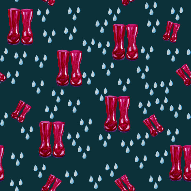 无缝图案水彩霓虹灯洋红胶靴和雨滴。图片下载