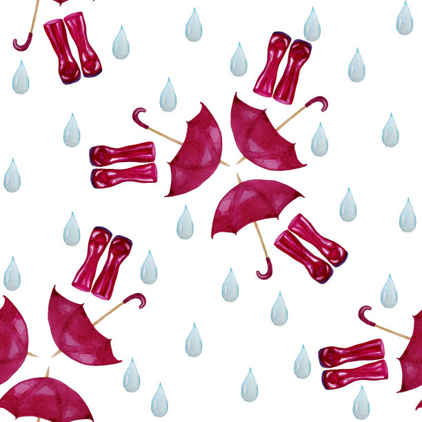 无缝图案水彩霓虹伞，胶靴和雨滴图片下载