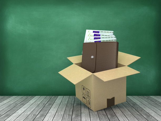 纸板箱与钱包与欧元钞票在木地板上-黑板背景- 3D渲染图片下载