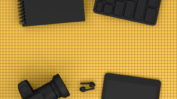 顶视图黄色网格工作与黑色键盘，技术理念概念图片下载