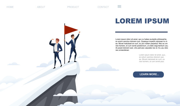 商人团队攀登到山顶的工作理念红旗在雪山山顶用云雾景观平面矢量插画图片下载