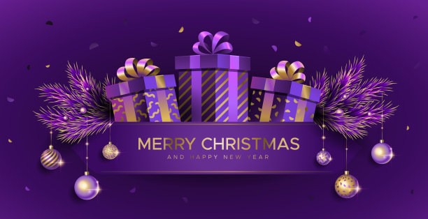 圣诞背景与冷杉树枝和礼物盒在紫色的背景图片下载