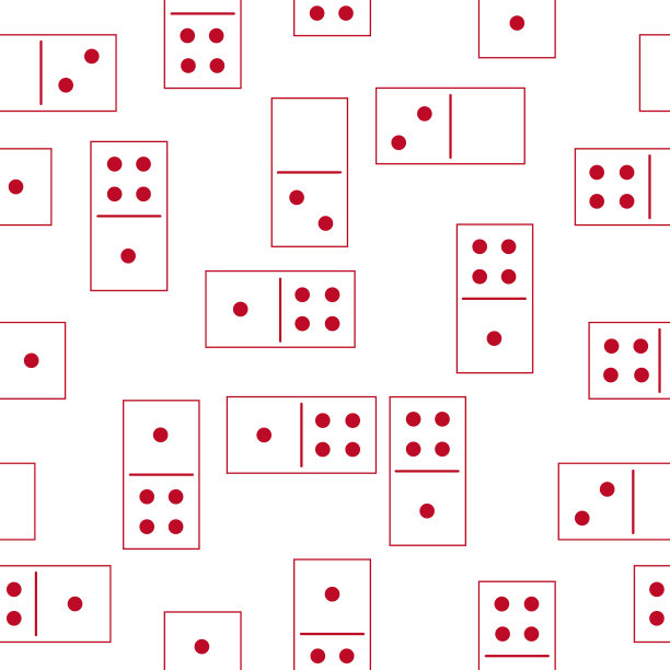 Domino。的多米诺骨牌游戏。多米诺效应。极简的向量无缝模式与多米诺游戏件在随机布局随机布局的白色背景和红色线性装饰。适用于纺织、织物设计、零售、室内印花、包装纸、墙纸。图片下载