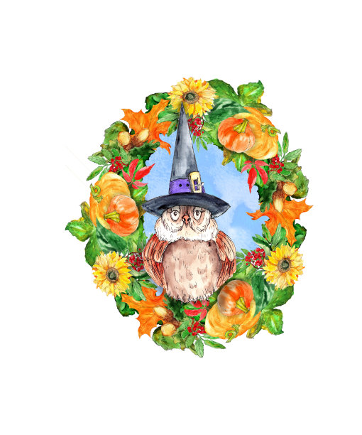 水彩手绘有趣的女巫猫头鹰在花框架插图孤立的白色背景图片下载