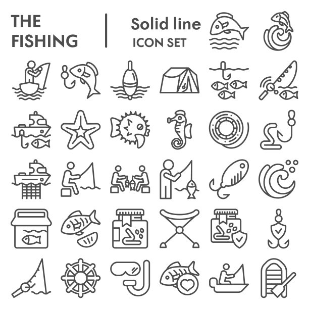 钓鱼线图标集，渔民设备符号收集，矢量草图，标志插图，钓鱼爱好标志线形象形图包装孤立在白色背景，eps 10。图片下载