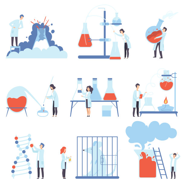 一组实验室设备和科学家的图像。矢量图图片下载