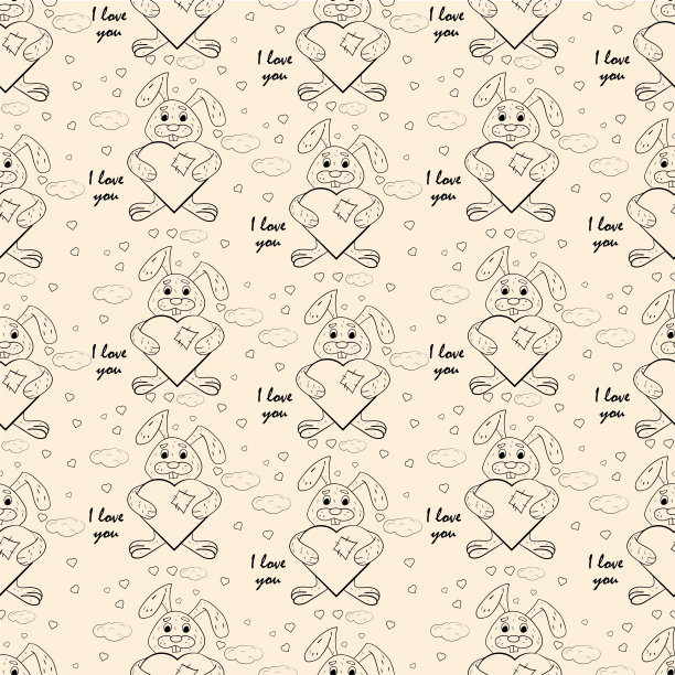 轮廓流畅的儿童插画，一只兔子抱着一颗心和我爱你图片下载