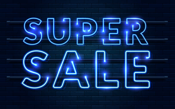 超级销售霓虹标识向量，设计元素，灯光横幅，公告霓虹招牌，夜间霓虹广告。矢量图图片下载