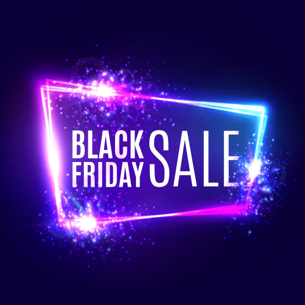 霓虹背景下的黑色星期五促销横幅。闪闪发光的节日购物标志。夜总会的电子技术框架与爆炸，烟花和灯光。3d折扣角矢量插图。图片下载