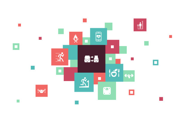 信息图10步像素设计。身体秤，健康食品，健身房，饮食简单图标图片下载