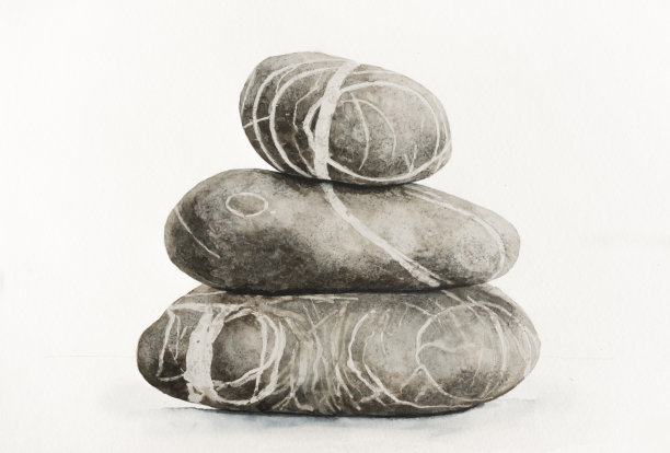 三颗条纹鹅卵石堆叠的水彩画图片下载