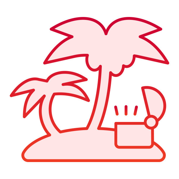 打开海岛平面图标上的宝箱。热带岛屿与棕榈红色图标在时尚的平风格。岛与古老的胸部梯度风格设计，设计的网页和应用程序。Eps 10。图片下载