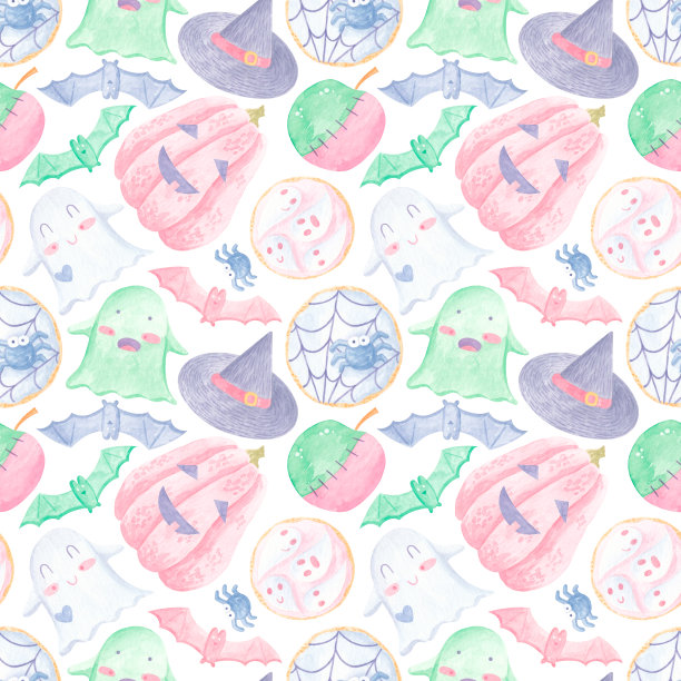 水彩可爱无缝万圣节图案与南瓜，幽灵，蝙蝠，糖果，饼干在白色的背景。明亮的卡通图案的万圣节图片下载