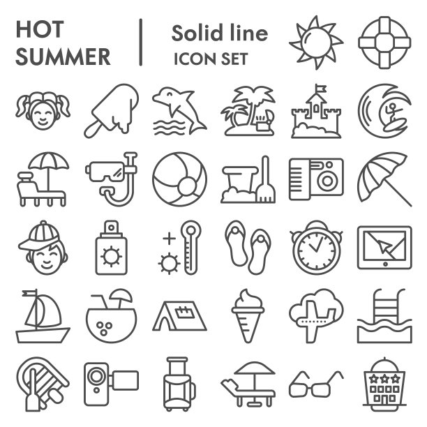炎热的夏季线图标集，度假符号收集，矢量草图，标志插图，娱乐标志线形象形图包装孤立在白色背景，eps 10。图片下载