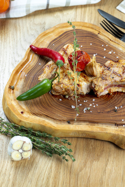 近距离观看美味的烤牛排猪肉里脊木板。由熟肉、香草和蔬菜组成。食物的照片背景。有选择性的重点图片下载