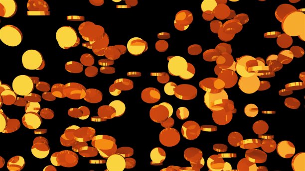 计算机生成的3D渲染。许多随机旋转的金币上的黑色背景图片下载