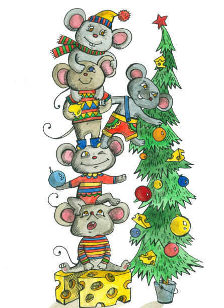 金字塔的老鼠，很多老鼠装饰圣诞树。水彩画新年和圣诞节与老鼠图片下载